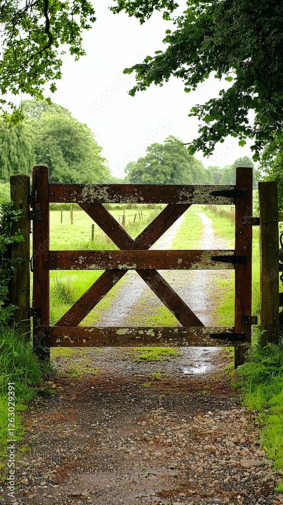 Rustic Wooden Gate Opening to Lush Green Countryside Pathway Rustic Wooden Gate Opening to Lush Green Countryside Pathway