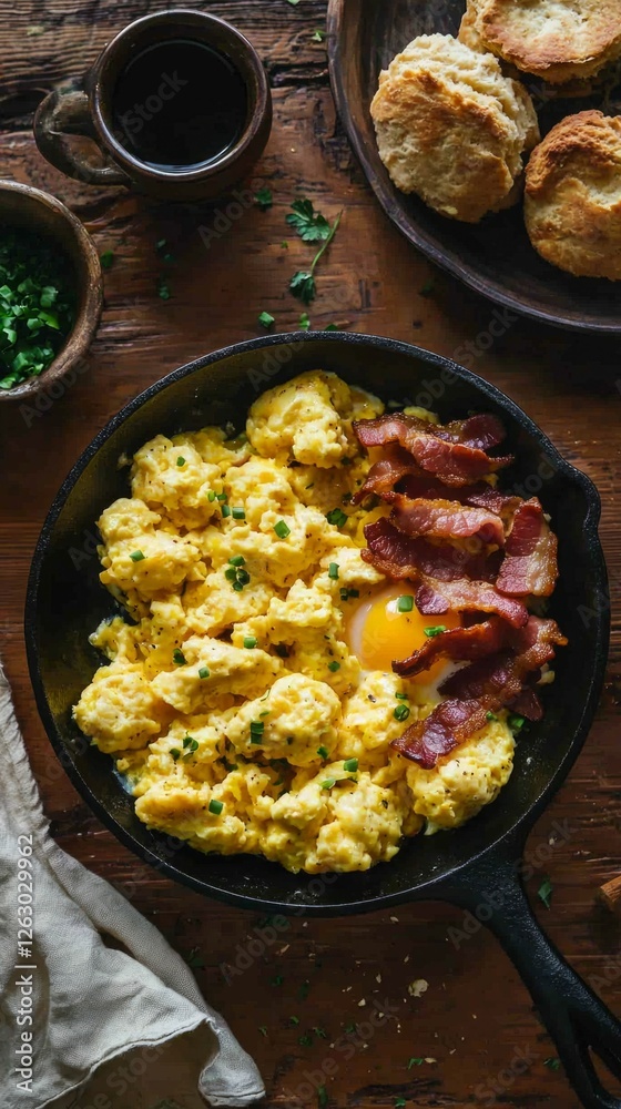 Savory Breakfast with Scrambled Eggs, Bacon, and Biscuits on Table Savory Breakfast with Scrambled Eggs, Bacon, and Biscuits on Table