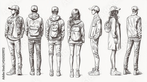 Young Adults in Casual Outfits with Backpacks in Sketch Style