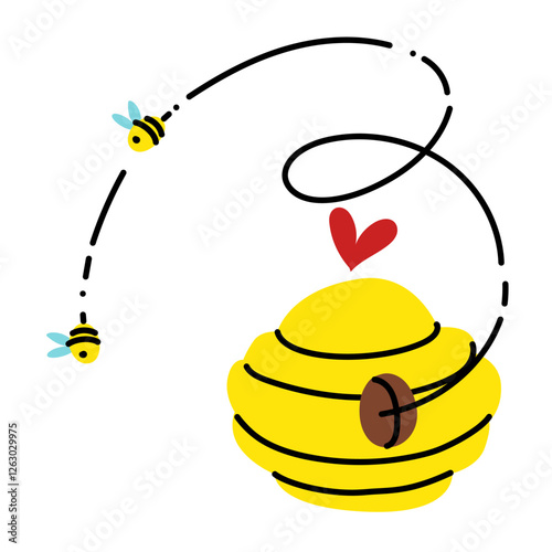 yellow bee hive, bees are flying. beehive with a heart, highlighted on a white background. beehive with bee flight lines. a house for insect bees. illustration of an isolated object. The Flying Swarm