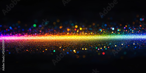 Abstract glittery banner with rainbow shining particles on black background, sparkling light.