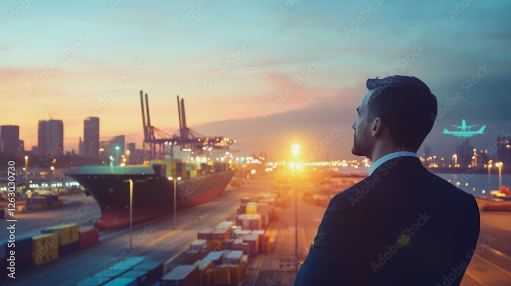 Fototapeta premium Container truck in ship port for business Logistics and transportation of Container Cargo ship and Cargo plane with working crane bridge in shipyard at sunrise, logistic import export and transport