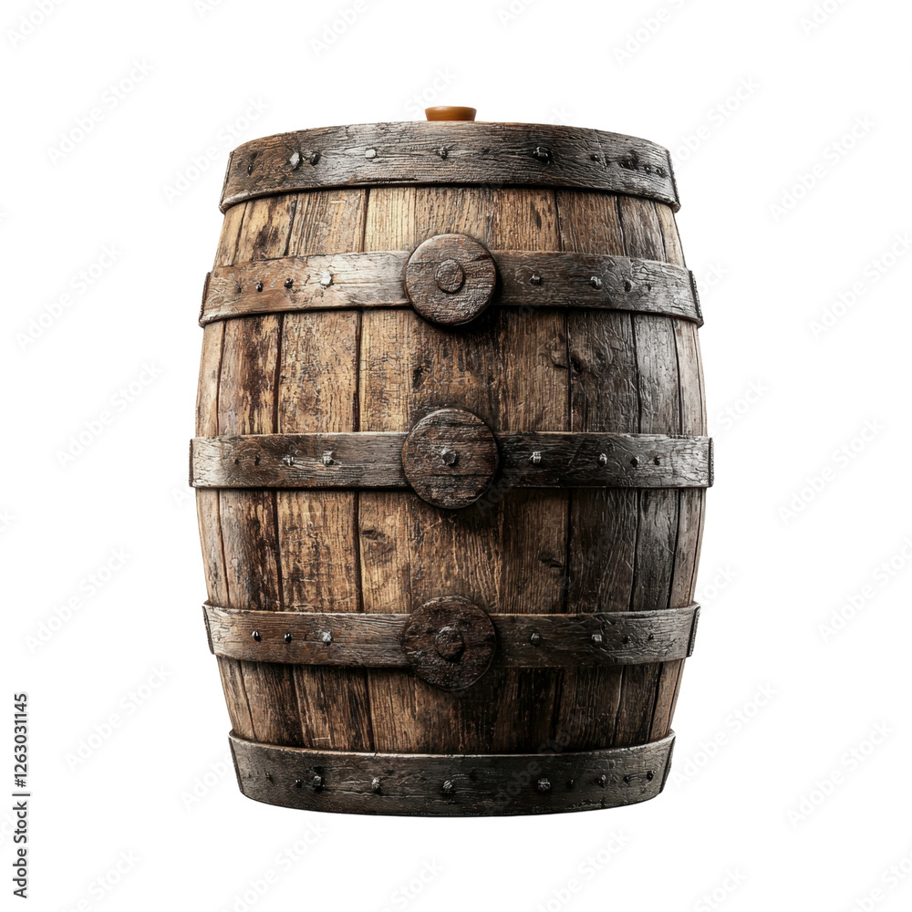 Obraz premium Rustic wooden barrel with iron bands and weathered texture, ideal for vintage, farm, or brewery settings in stock photography