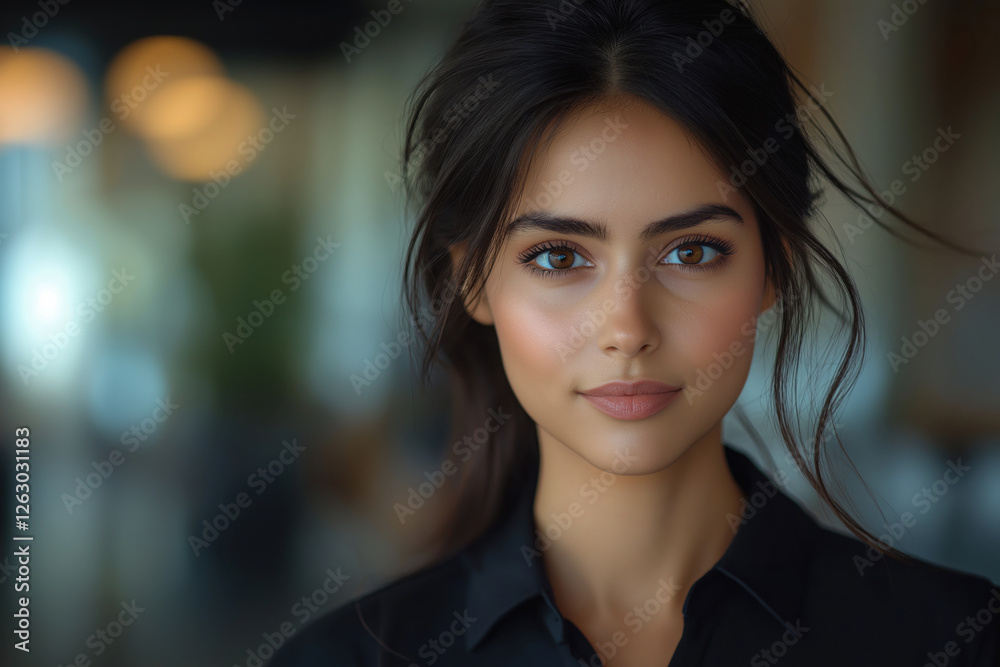 Obraz premium Close up portrait of a beautiful 27 year old Indian corporate woman standing confidently in the office lobby on the right. Concept of company management, business, entrepreneurship