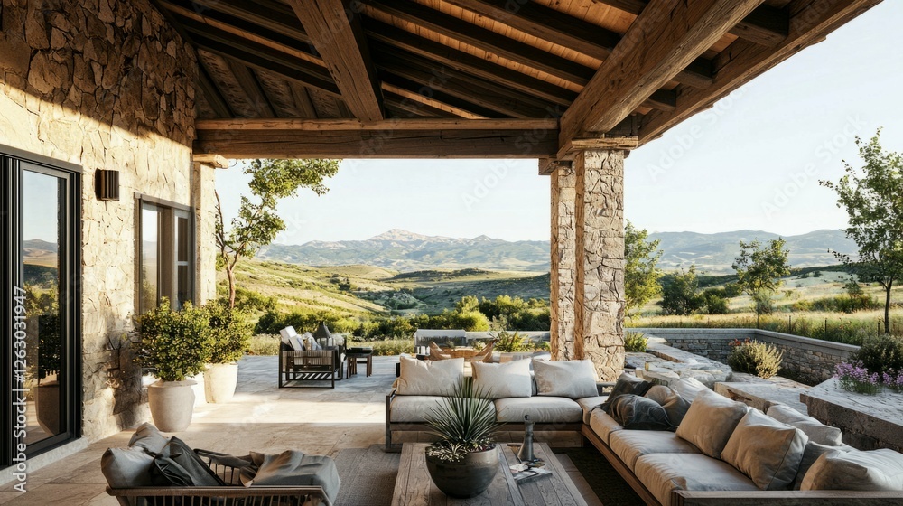 Cozy Outdoor Living Space with Scenic Mountain View and Modern Design Cozy Outdoor Living Space with Scenic Mountain View and Modern Design