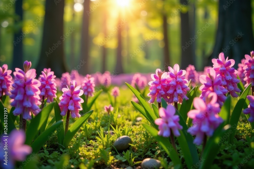 Obraz premium Crystal clear spring, hyacinths carpet, forest edge, golden sunlight, idyllic, trees, green
