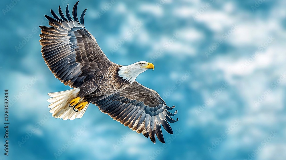 Obraz premium Majestic bald eagle soaring through a bright sky, capturing the essence of freedom and nature