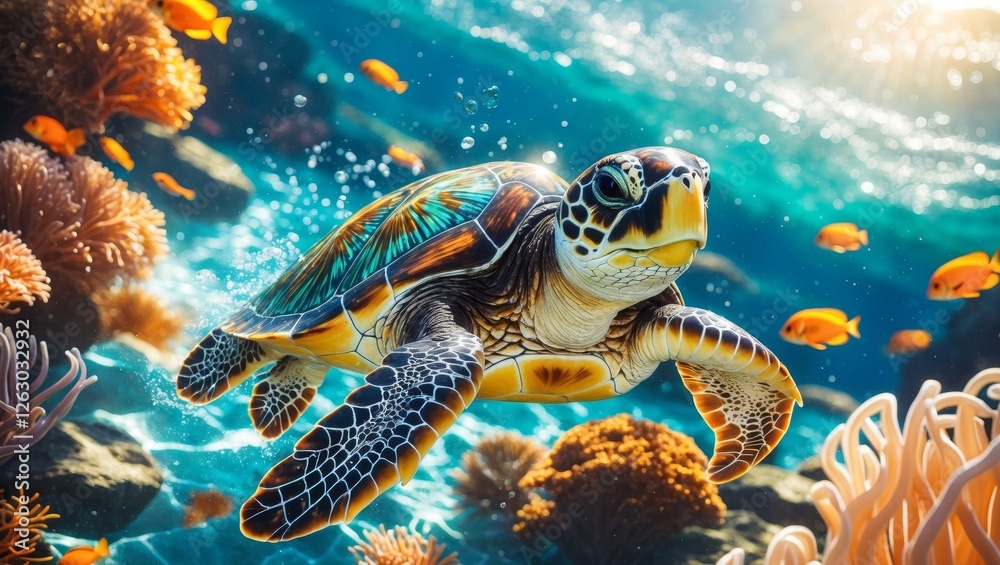 Obraz premium Happy Sea Turtle Swimming Underwater in Sunlit Coral Reef