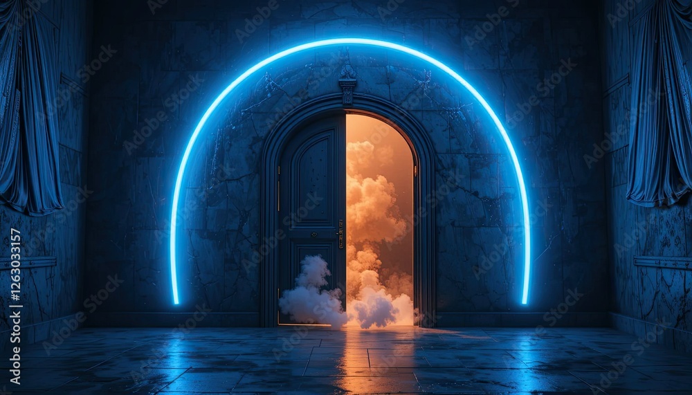 Fototapeta premium Arc en bleu néon. Une porte avec une lueur de fumée dans l'espace.