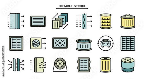 Different car filters icons set. Simple image of oil, gasoline and air filter for cleaning fuel, air and oil. Car service color icons collection