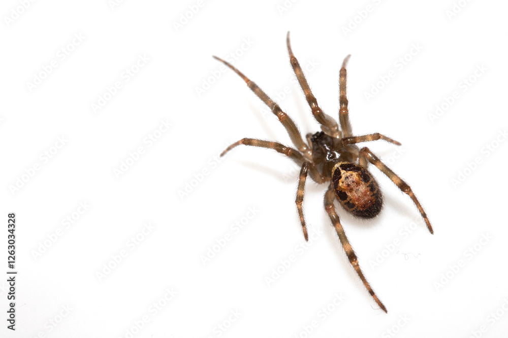 Close Up of a Defensive Long Legged Arachnid Spider on a White Background Close Up of a Defensive Long Legged Arachnid Spider on a White Background