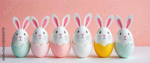 Adorable Easter Bunny Egg Decorations on Pastel Background. photo