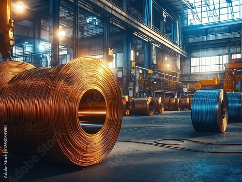 A photo of large copper wire rolls in an industrial factory setting, with other metal materials and machinery