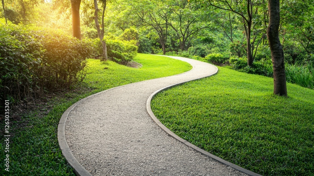 Fototapeta premium Serene Winding Path Through Lush Green Park Landscape at Sunset