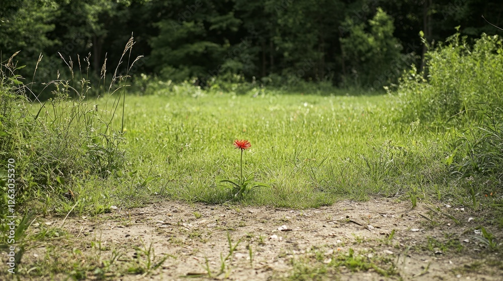 Naklejka premium Bright Red Flower Standing Alone on Green Grass in Nature Background