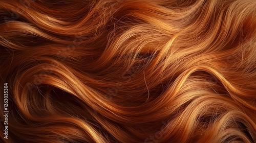 Close-up of stunning auburn hair with a beautiful wavy texture. Rich, vibrant color and healthy shine. Macro Texture Backgrounds Frizzy Hair Detailed. A Close-Up of Luscious, Wavy Reddish-Brown Locks