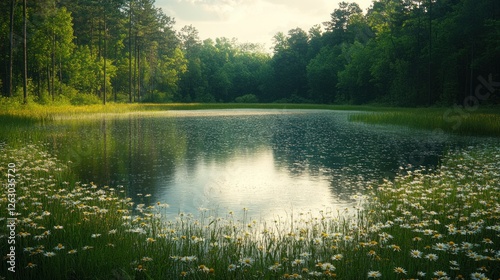 Serene Pond Surrounded by Lush Green Forest and Daisies