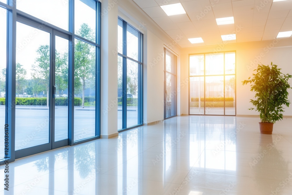 Modern bright empty office space with large windows and potted plant. Modern bright empty office space with large windows and potted plant.