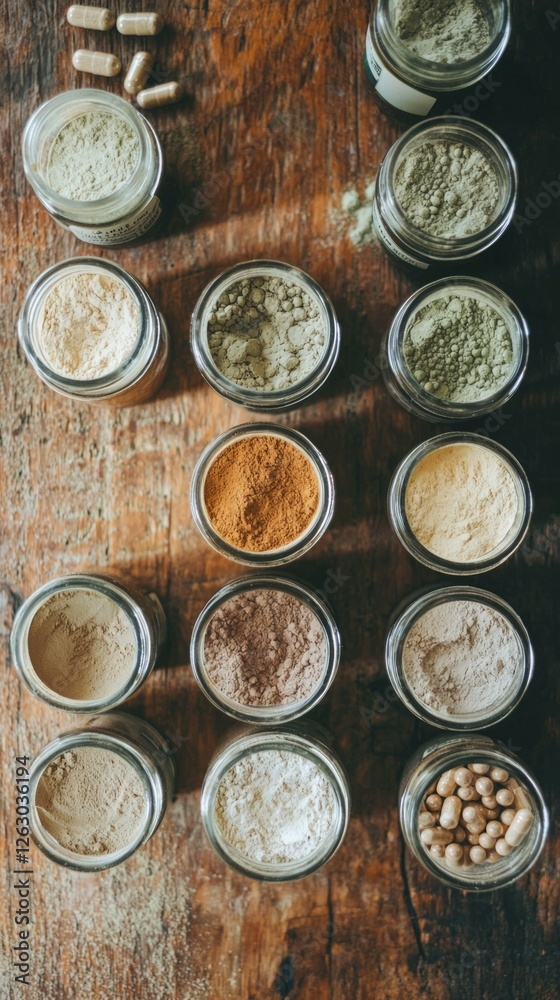 Various Natural Powders and Capsules Arranged on Wooden Surface Various Natural Powders and Capsules Arranged on Wooden Surface
