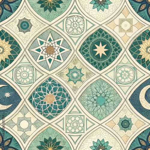 Geometric Teal and Beige Mandala Seamless Pattern Digital Art, Islamic Tile Design, Pattern Design, Mandala Art Islamic art, Geometric Pattern