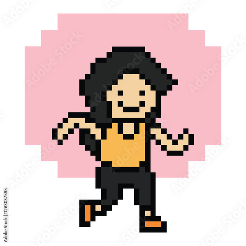 Cute cartoon run exercise pixel cartoon 8bit character woman lady run running jog cardio lifestyle decoration life style 8 bit female jog marathon exercise game 8 bit game vector.