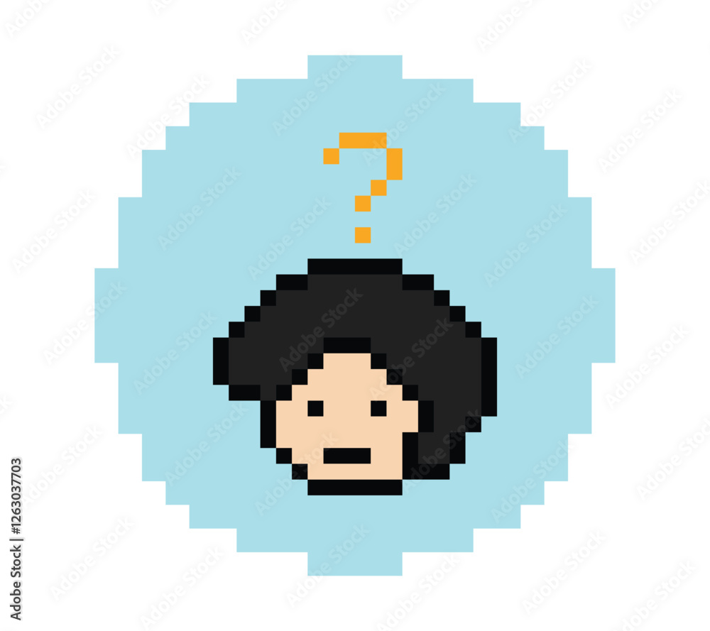 Fototapeta premium Cute pixel cartoon character man with question mark decoration 8 bit male boy confused idea question mark quiz questionnaire choose cartoon pixel game 8bit png vector.