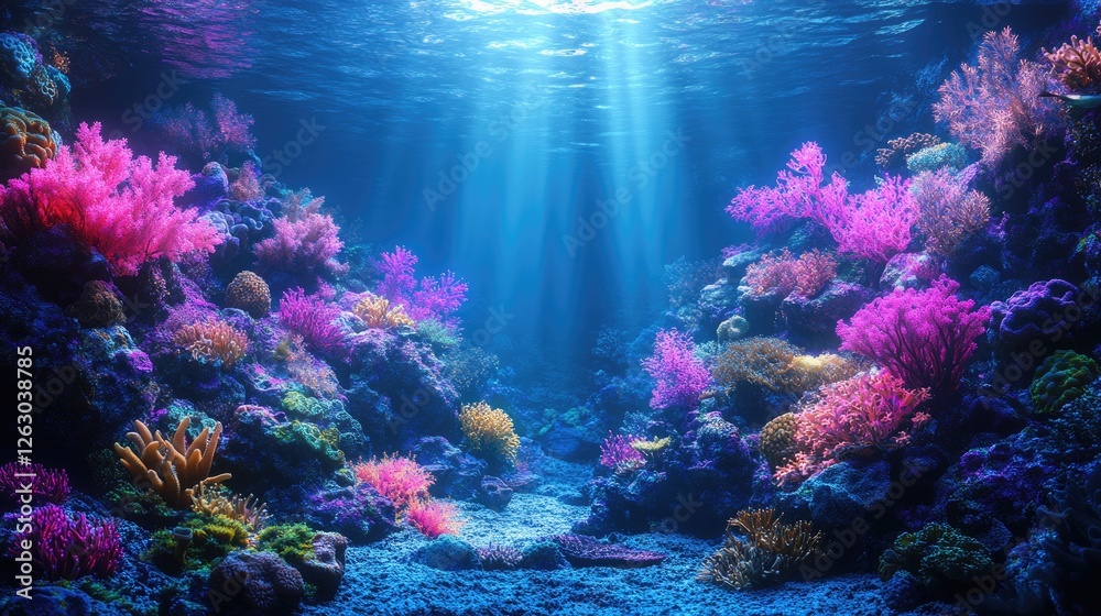 Fototapeta premium Vibrant Coral Reef Illuminated By Sunbeams Underwater