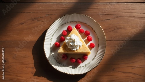 Plate with a slice of cake and fresh raspberries on a wooden table. photo