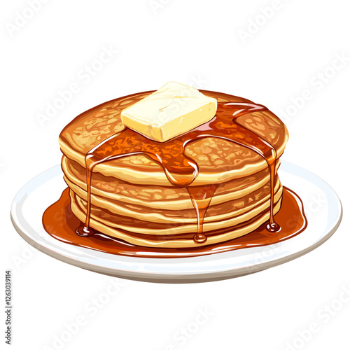 Delicious pancakes with butter in a cartoon style. Vector illustration of fresh and fluffy pancakes drizzled with maple syrup and a piece of butter isolated on a white background. American breakfast