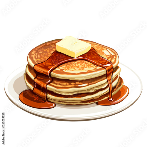 Delicious pancakes with butter in a cartoon style. Vector illustration of fresh and fluffy pancakes drizzled with maple syrup and a piece of butter isolated on a white background. American breakfast