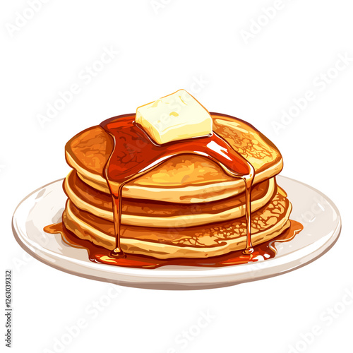 Delicious pancakes with butter in a cartoon style. Vector illustration of fresh and fluffy pancakes drizzled with maple syrup and a piece of butter isolated on a white background. American breakfast