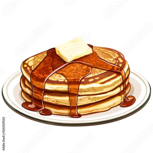 Delicious pancakes with butter in a cartoon style. Vector illustration of fresh and fluffy pancakes drizzled with maple syrup and a piece of butter isolated on a white background. American breakfast