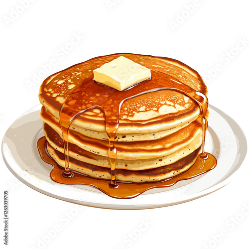 Delicious pancakes with butter in a cartoon style. Vector illustration of fresh and fluffy pancakes drizzled with maple syrup and a piece of butter isolated on a white background. American breakfast