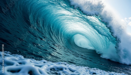Powerful blue ocean waves crashing with white foam