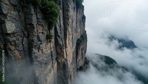 Mountain waterfall surrounded by fog and lush nature