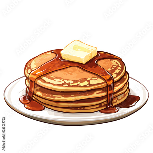 Delicious pancakes with butter in a cartoon style. Vector illustration of fresh and fluffy pancakes drizzled with maple syrup and a piece of butter isolated on a white background. American breakfast