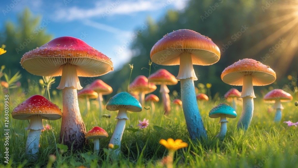 Fototapeta premium Charming and Colorful Mushrooms found on a Lush Green Field under the Bright Sunlight.