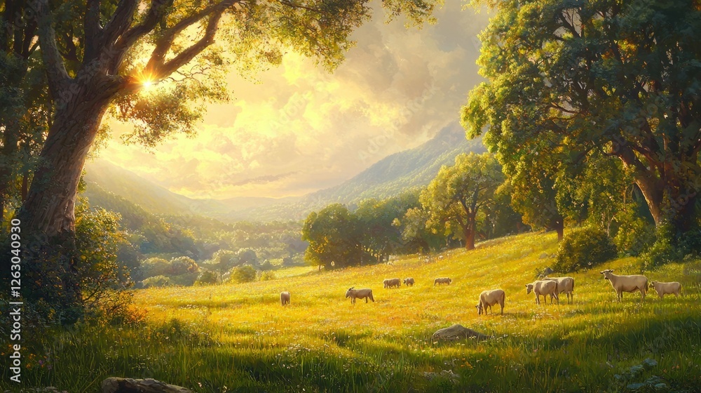 Obraz premium Serene Pastoral Landscape with Cows Grazing in Sunlit Meadow