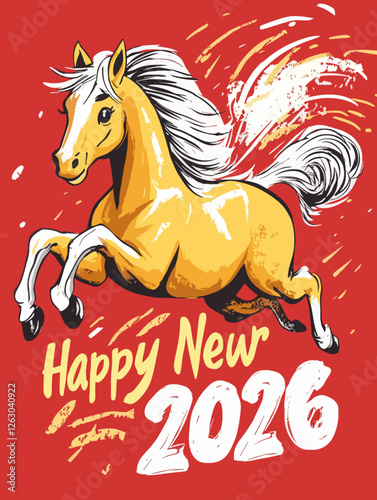 Bold and dynamic 2026 New Year vector illustration featuring a galloping golden horse with a festive red backdrop