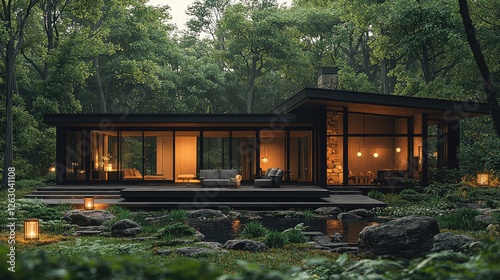 Modern Glass House nestled in a lush green forest