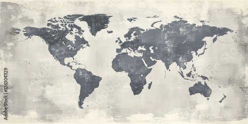 Aged world map with intricate gray and white paint splatters; textured appearance centers global geography artistically photo