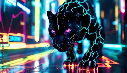 Neon Panther in Cyberpunk Cityscape Digital Art