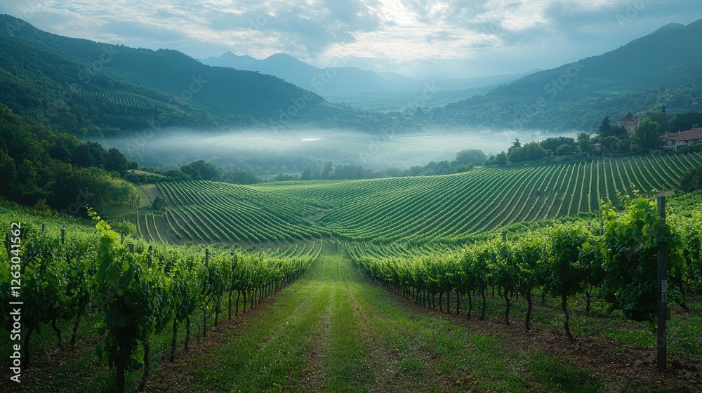 Fototapeta premium Serene Vineyard Landscape Amidst Misty Mountains
