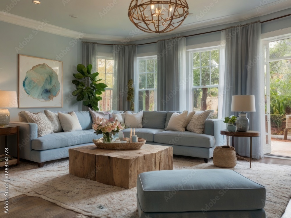 Fototapeta premium Serene Living Room Design With Light Blue Sofa And Wooden Coffee Table