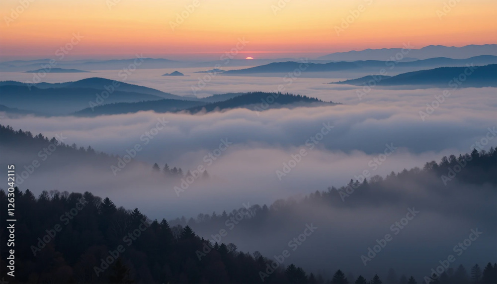 Fototapeta premium Mountain range covered in mist with sunrise light