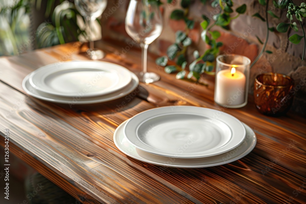 Romantic table setting with candle and plates on wooden surface, decorated with greenery. Valentine day dinner setup, Thanksgiving, Christmas, Anniversary celebration Romantic table setting with candle and plates on wooden surface, decorated with greenery. Valentine day dinner setup, Thanksgiving, Christmas, Anniversary celebration