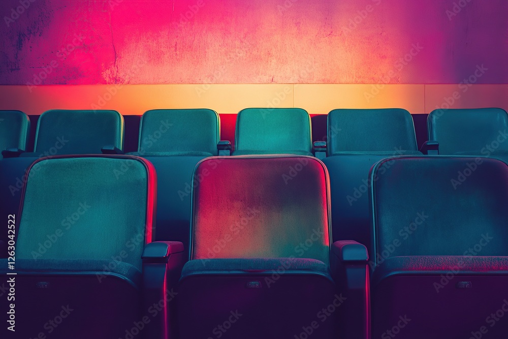Obraz premium A photo of comfortable cinema seats in an empty movie theater, bathed in soft lighting and a vibrant color