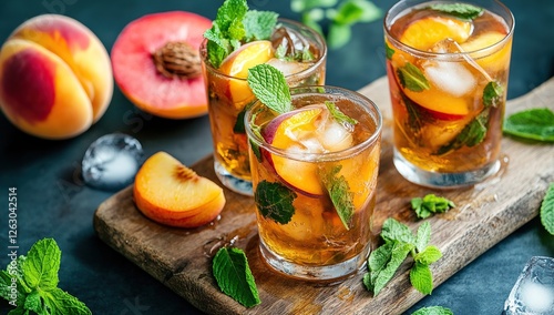 A photo of peach and mint tea in glasses, with peaches cut into slices on the side and fresh green leaves