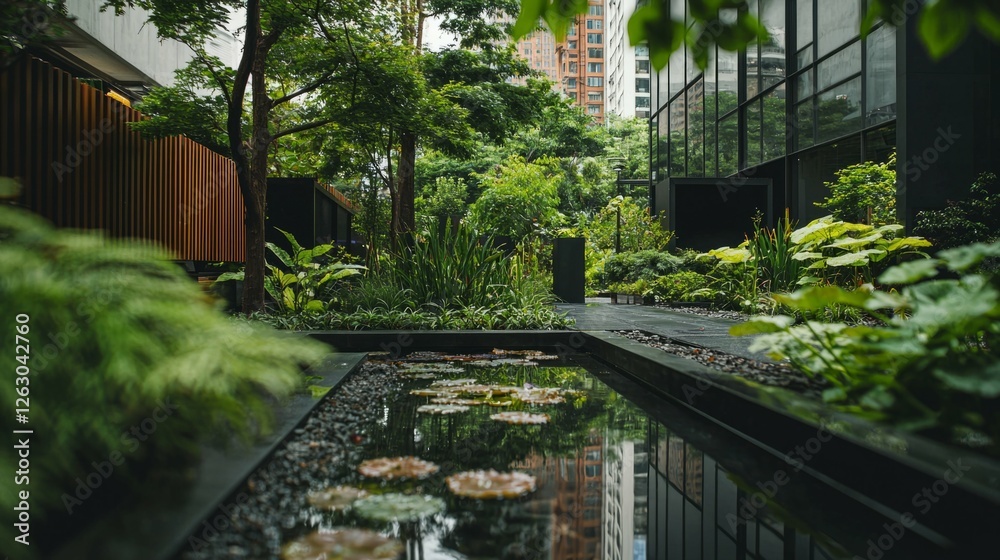 Obraz premium Lush Urban Garden with Serene Pond and Vibrant Greenery