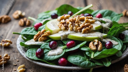 Apple cranberry walnut salad with spinach and poppy seed dressing on wooden background Healthy clean food photo